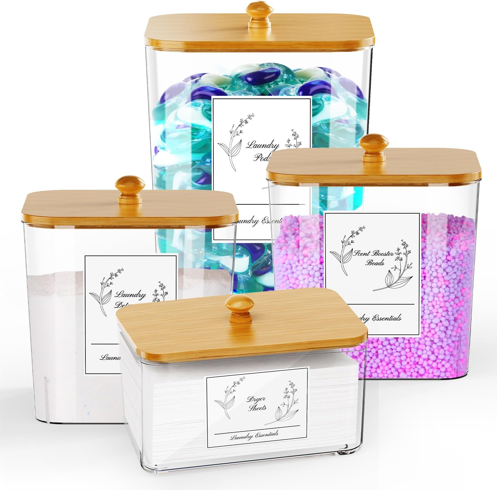 COAZEX 4 Pack Clear Laundry Pods Container & Dryer Sheet Holder, Plastic Square Laundry Room Organization and Storage Jars with Lids, Scoops & Labels for Detergent, Powder, Dryer Balls, Beads