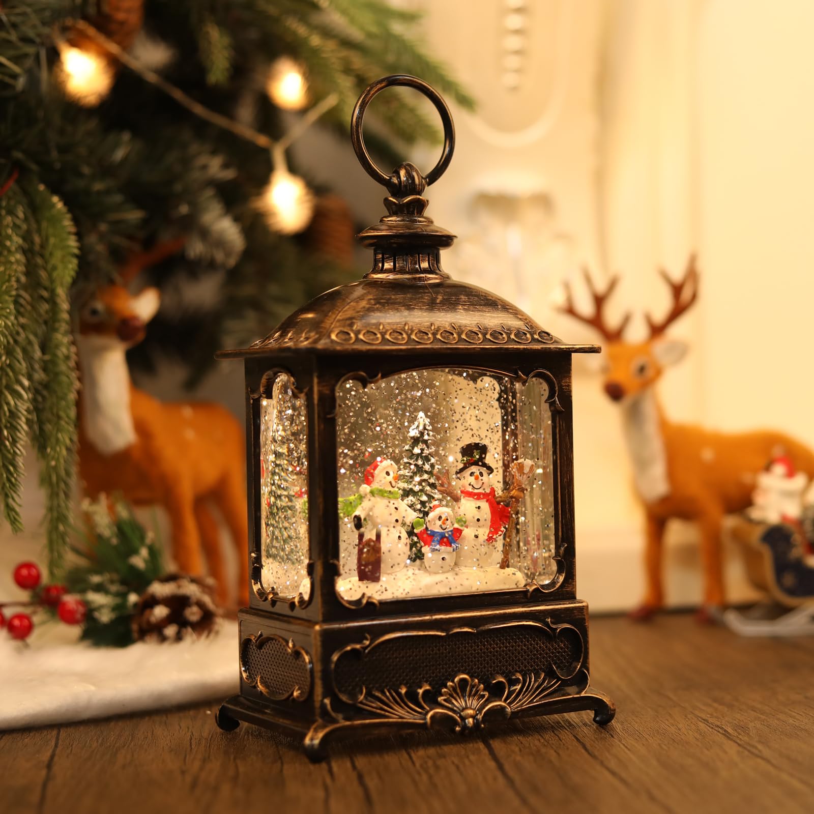 Christmas Snow Globe with Snowman, Glittering Lighted Battery Operated & USB Powered Snowman Family Lantern