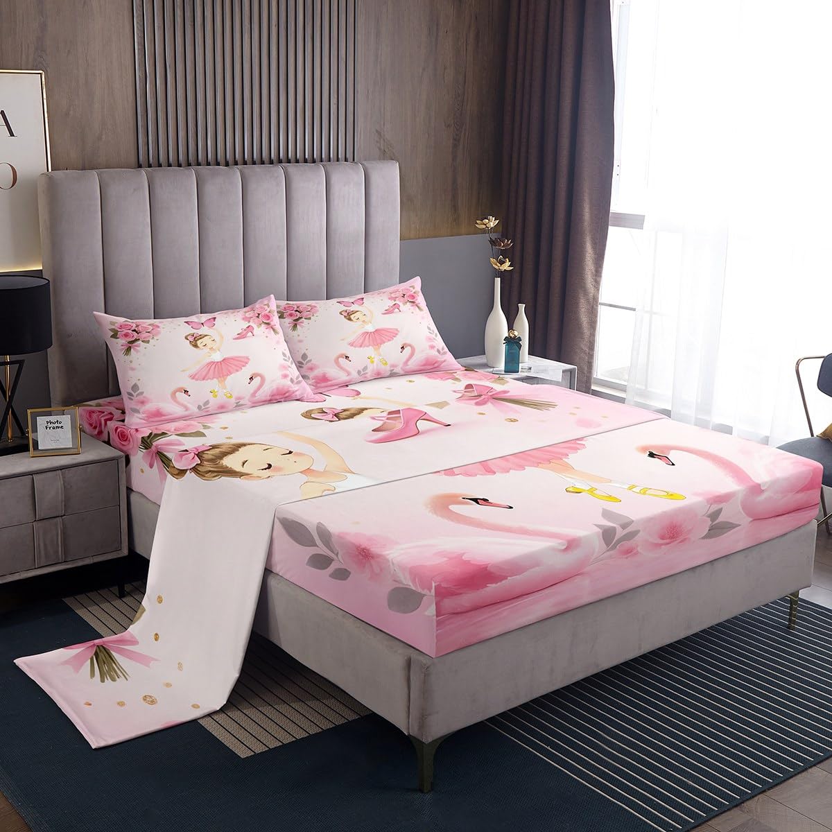 meiyoeat Pink Ballet Bed Sheets Set King Size Kids Ballerina Swan Fitted Sheet with Deep Pocket for Boys Girls Teens Dancer Bedding Set Breathable Princess Decor Bedroom Decor Bedclothes