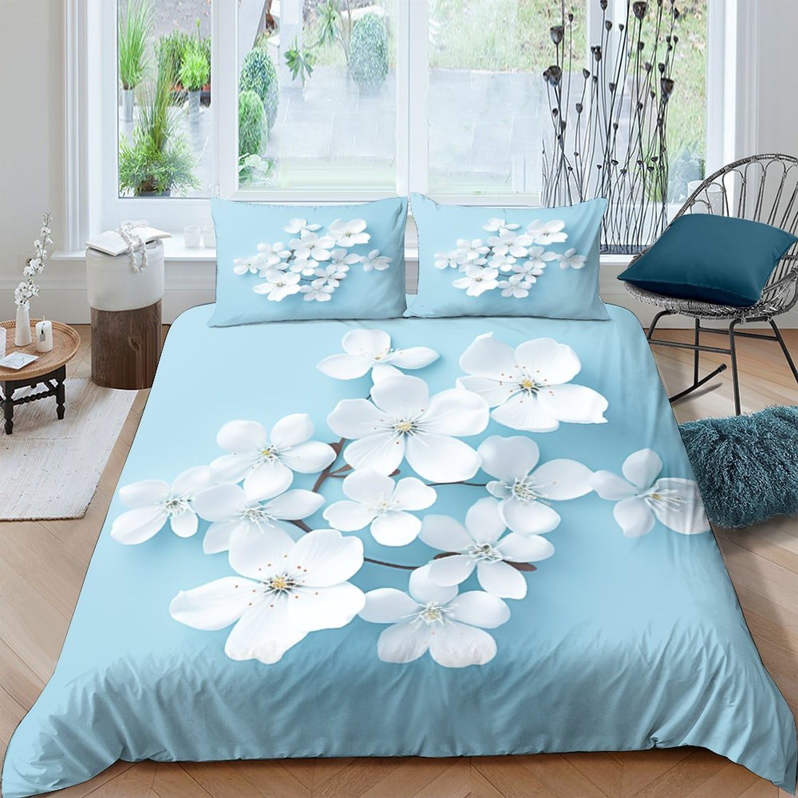 Housse de couette fleurs blanches 200x200 pour une chambre d'enfant fraîche et lumineuse
