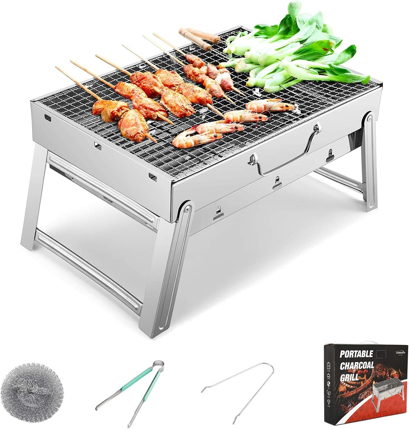 Folded Charcoal BBQ Grill Set, Stainless Steel Portable Folding Charcoal Barbecue Grill, Barbecue Tool Kits for Outdoor Picnic Patio Backyard Camping Cooking, 19x11.5x9.5 Inch
