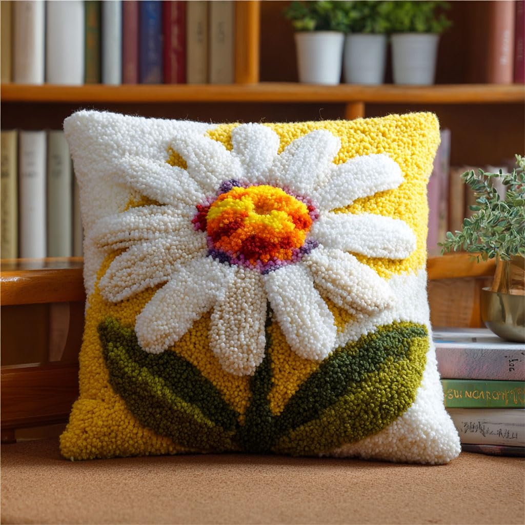 Henypt Latch Hook Kits-C Latch Hook Cushion Kits, White Daisies Latch Hook Pillow Case Kits Embroidery Kit, Diy Needlework Pillow Cover Cushion Rug Making Kit,17X17inch