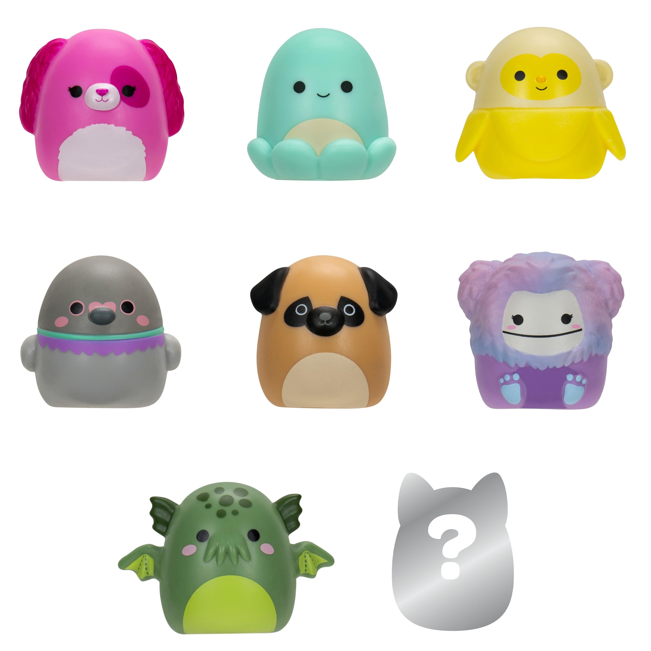 Squish-a-longs Zestaw 8 mini squish 2,5 cm (styl 1 - W2) z (2) akcesoriami, (1) pierścieniem i przewodnikiem kolekcjonerskim, do kolekcjonowania, handlu i zabawy