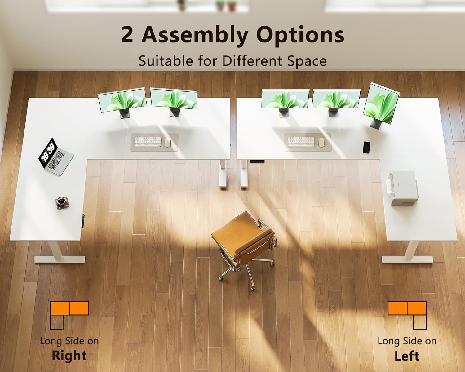 Diagram showing two assembly options for the L-shaped desk: long side on right or long side on left.