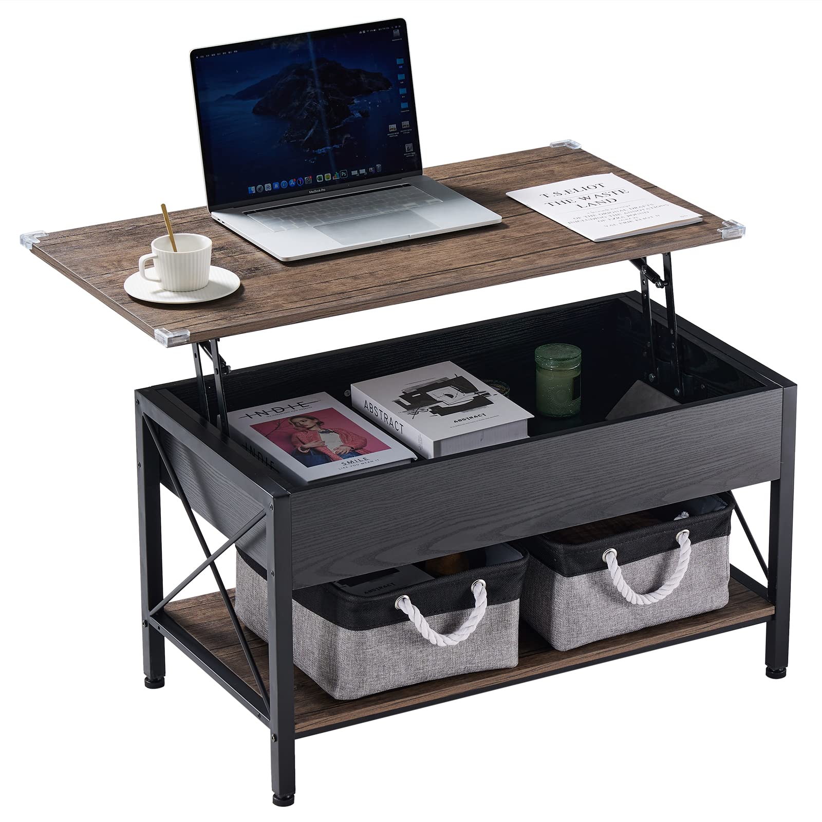 VINGLI Lift Top Coffee Table with Two Free HQ Cloth Bins Storage, Farmhouse Grey Black Coffee Table for Living Room, Small Coffee Table for Small Space in Minimalistic/Industrial Dark Walnut Style 36"