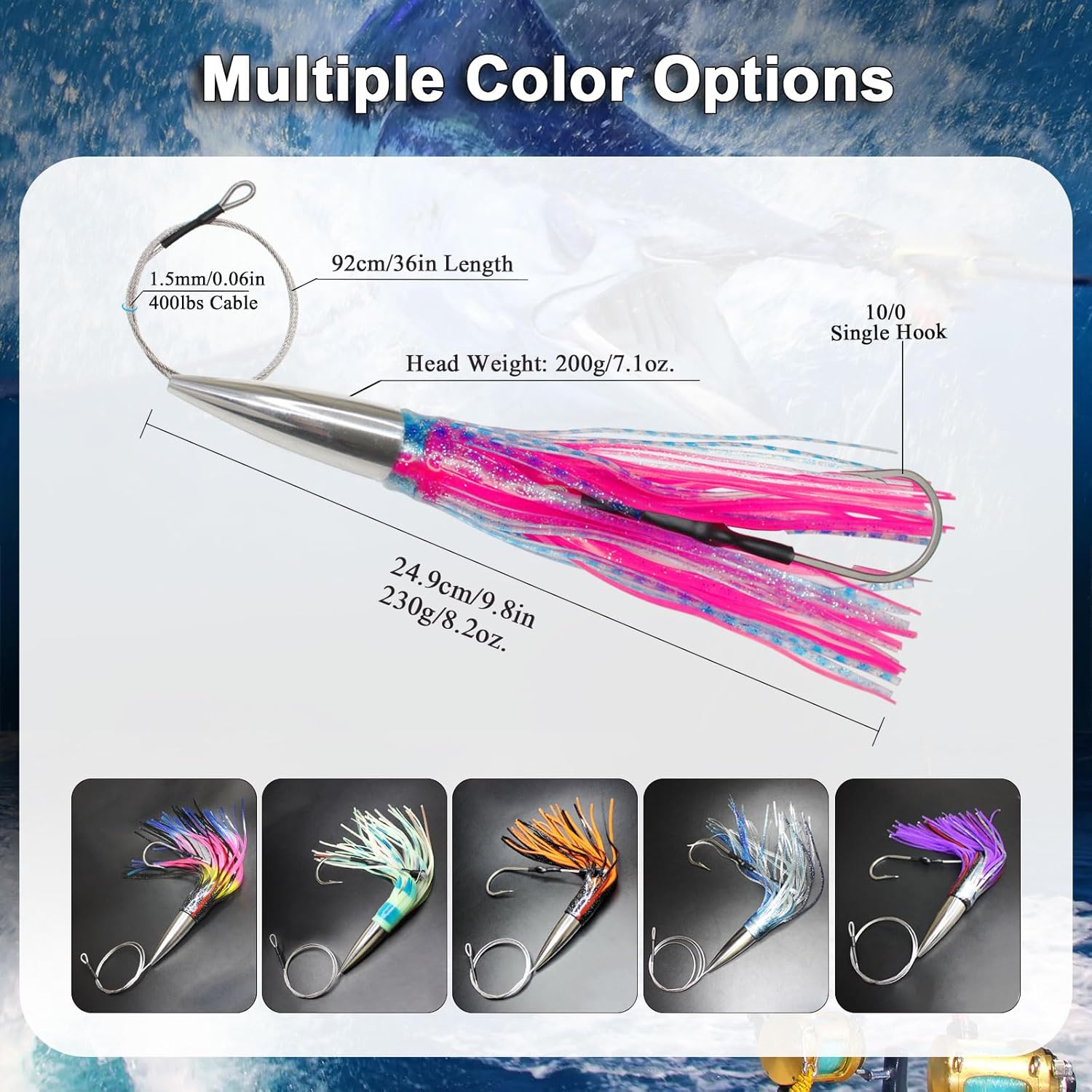VIKETECH 10’’ 8oz Stainless Big Game Fishing Trolling Lures for Marlin Tuna Mahi Mahi Wahoo Sailfish Saltwater Offshore Deep Sea Fishing Lure Included Mesh Bag
