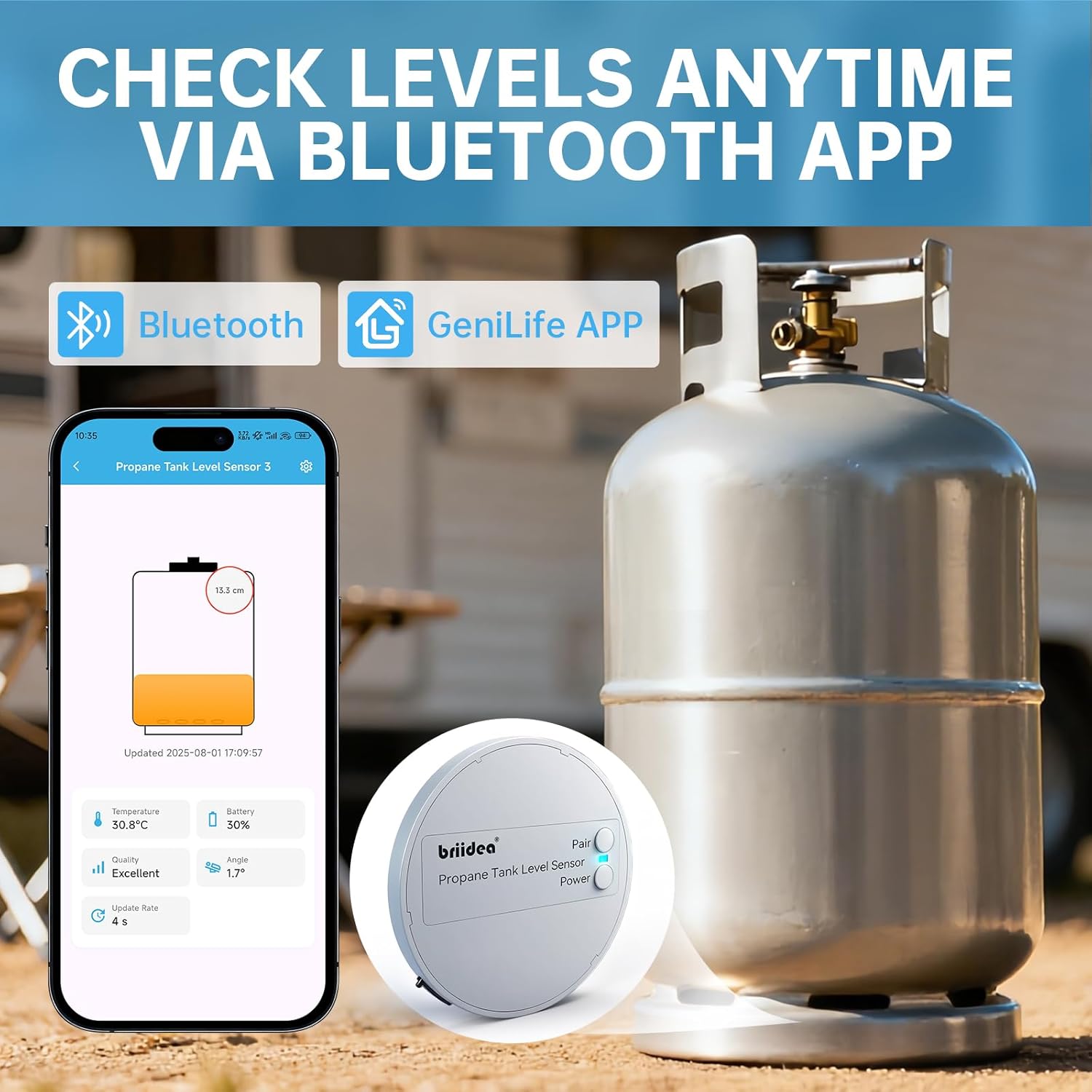 Briidea Bluetooth Propane Tank Gauge, Rechargeable Wireless Sensor with Nano Silicone Adhesive Pad (Patent Pending), APP Control, Real-Time Fuel Level Monitor for BBQ Grills, RVs & Restaurants