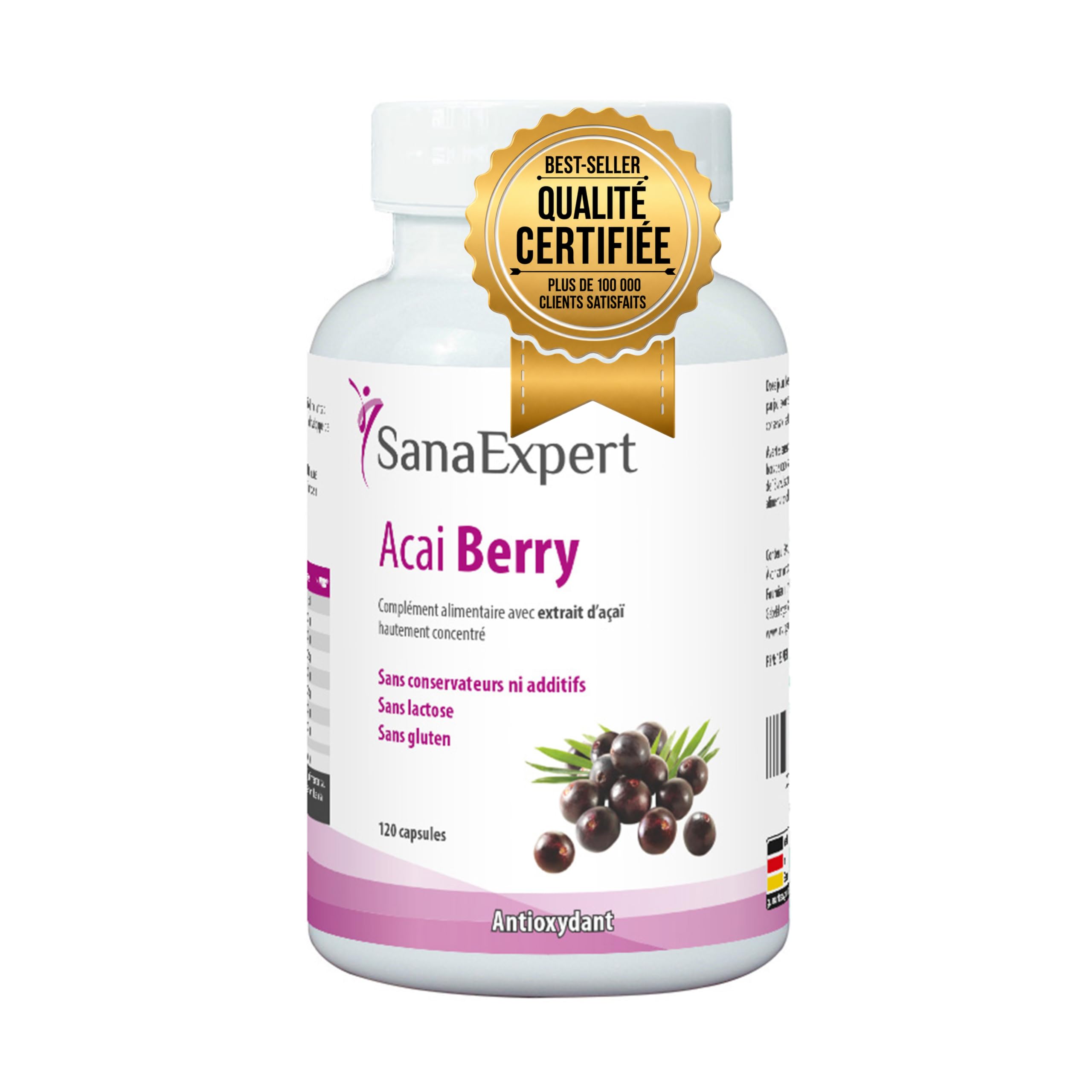 SanaExpert Acai Berry - Superaliment & Antioxydant Naturel - Extrait de Baies d'Açaï Pur - Complément Alimentaire en Gélules - Vegan - 120 Capsules