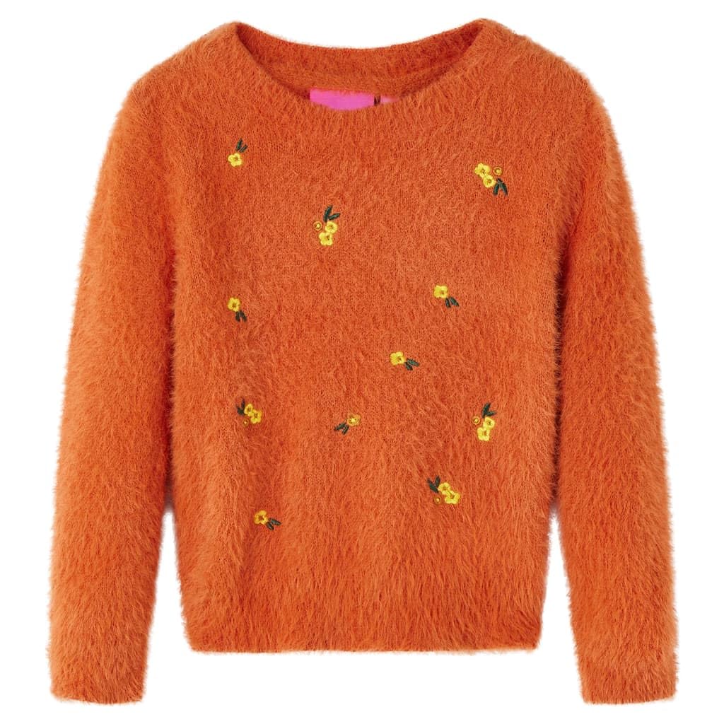 Jersey infantil de punto ocre con bordado floral, camiseta de manga larga de material suave para 9-10 años, cuello redondo, puños acanalados, uso diario, ocio, escuela y al aire libre