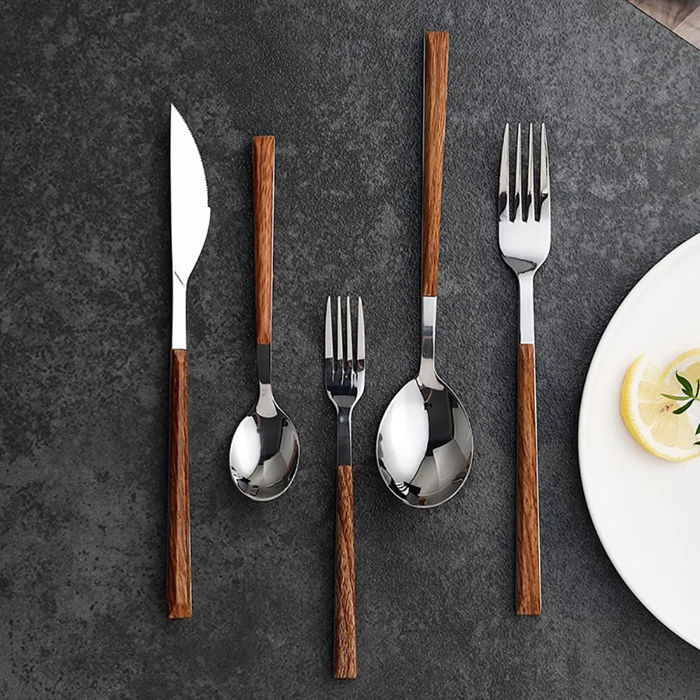 Wood Silverware Set for 6 Premium Stainless Steel Flatware Set 30 Piece Wooden Cutlery Tableware Utensils Set Include Knives Forks and Spoons for Home Kitchen Restaurant Wedding