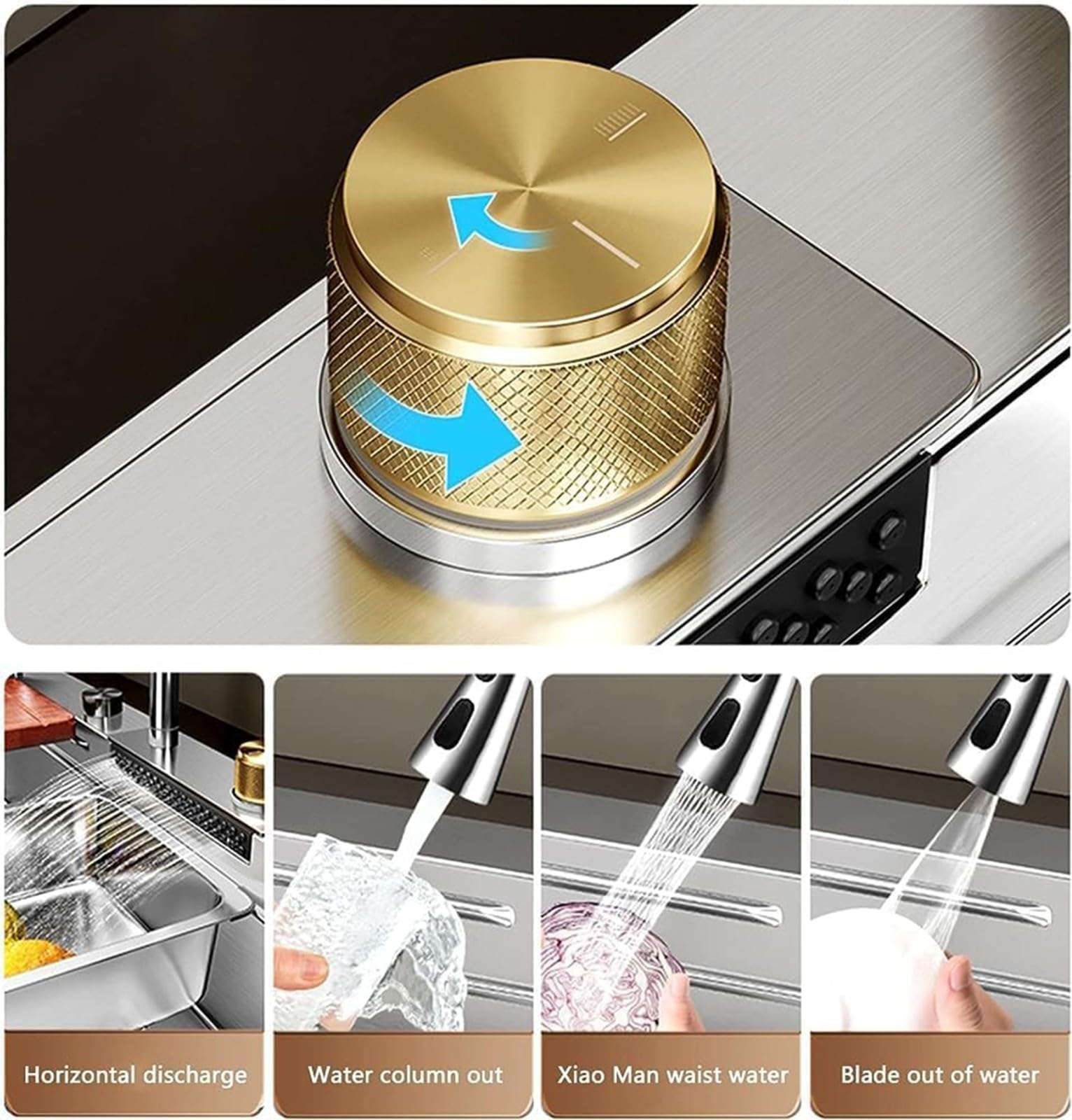 Set lavello da cucina in acciaio inox con cascata integrata e rubinetto estraibile, grande vasca doppia vasca 68 x 45 x 21 cm, qualità professionale, facile da pulire