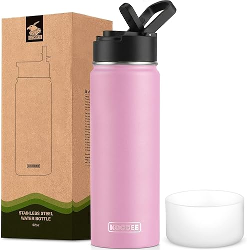 Miniatura 19 de koodee Botella de agua de 16 onzas de acero inoxidable de doble pared aislada al vacío, botella de agua de boca ancha con tapa de popote a prueba de