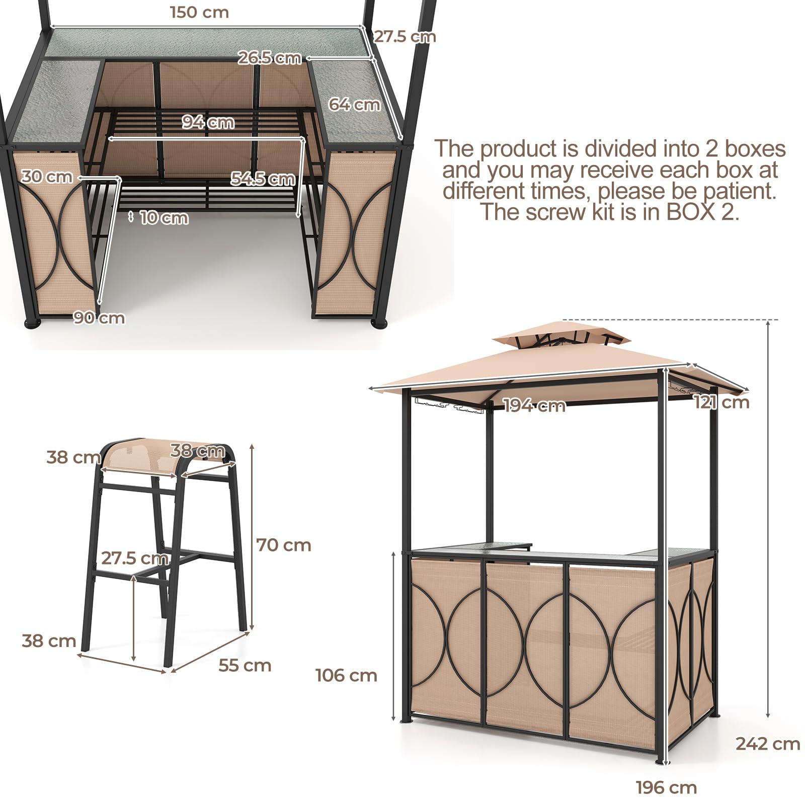 HOMASIS Gazebo de Barbacoa y 2 taburetes de Bar, Cenador de Exterior Duradero, Doble Techo con Cristal Templado, Juego de Bar de jardín Resistente a la Lluvia y al Fuego, 194x121x242 cm (Café)