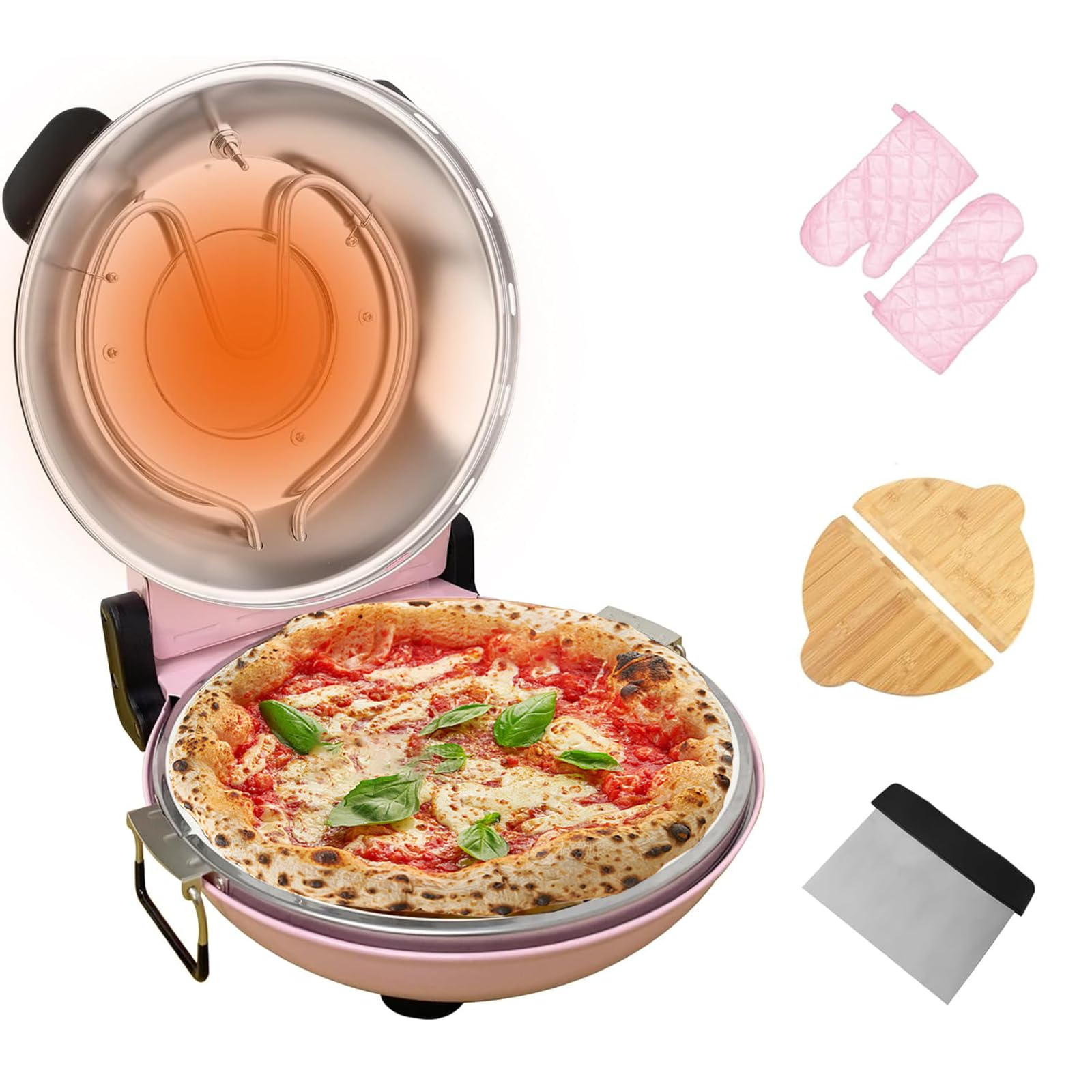 Stone Pizza Oven, 12'' Indoor Electric Pizza Maker, 1200W Countertop Pizza Maker Machine with Dual Temp Control, Crispy Crust Pizzas in Minutes, Pink