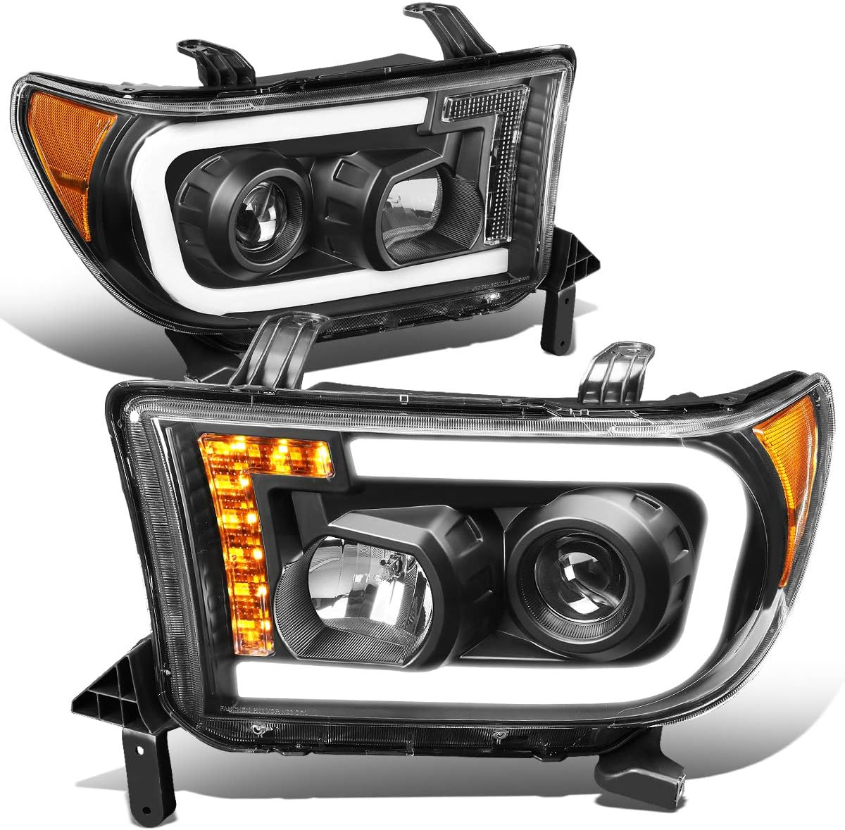 DNA MOTORING HL-LB-TT07-BK-AM Pair LED DRL Tube+Turn Signal Projector Headlight Set Compatible with Toyota Sequoia 08-17 / Tundra 07-13,Black/Amber