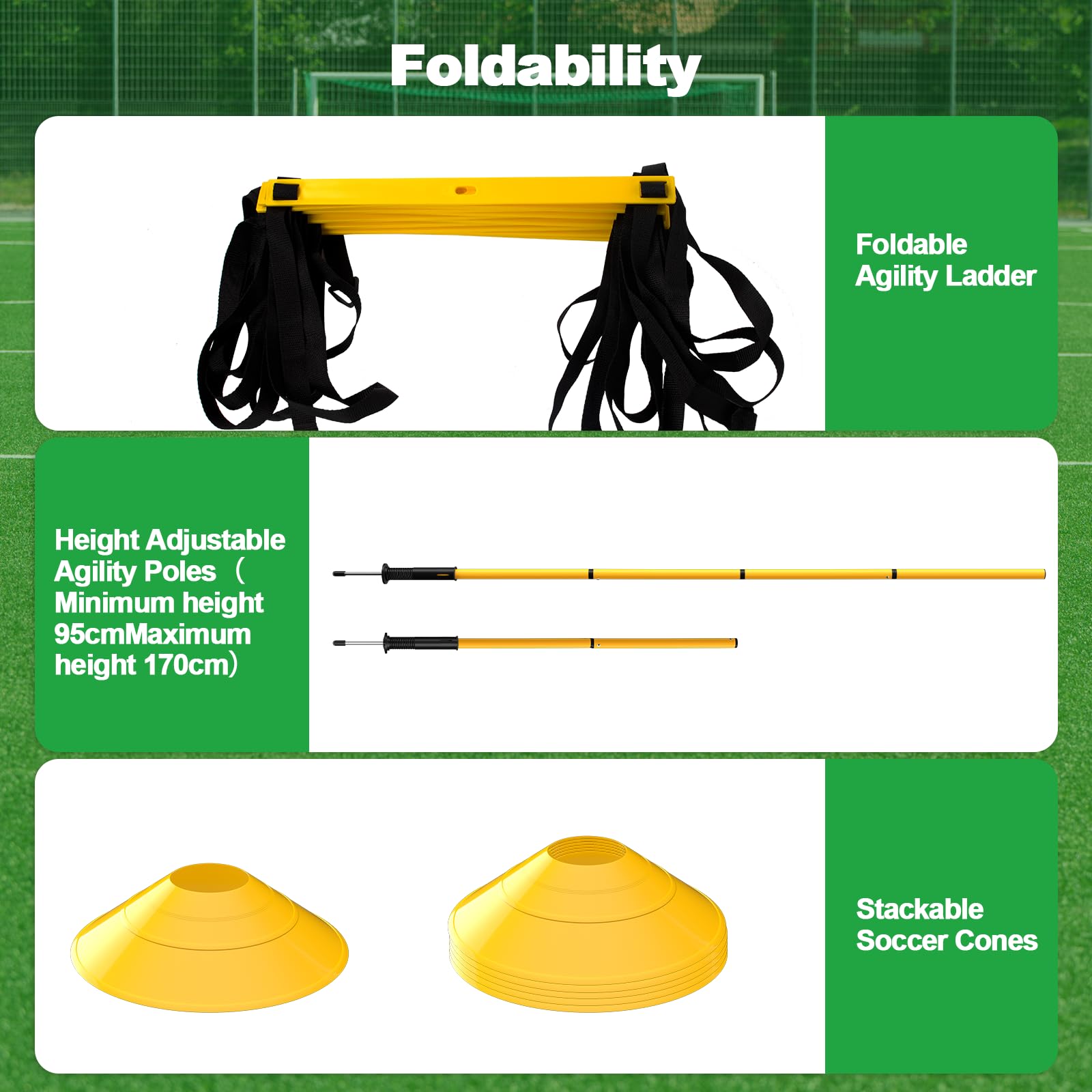 Juego de 24 piezas de equipo de entrenamiento de agilidad de fútbol, bastones de agilidad, escalera más para un montaje rápido y fácil portabilidad, adecuado para todos los niveles de