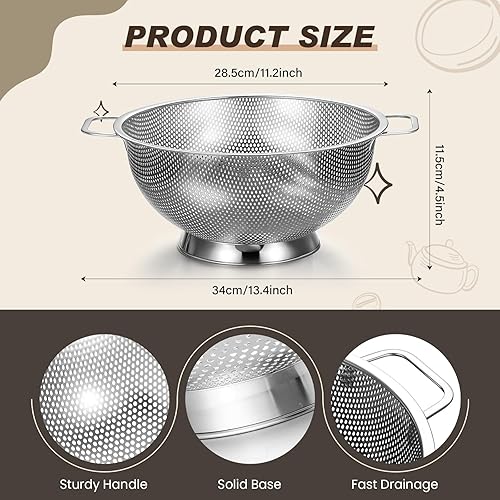 Miniatura 2 de Norme Colador plateado de acero inoxidable de 5 cuartos y 3 coladores de malla fina plateada, colador de metal para pasta, arroz y alimentos con