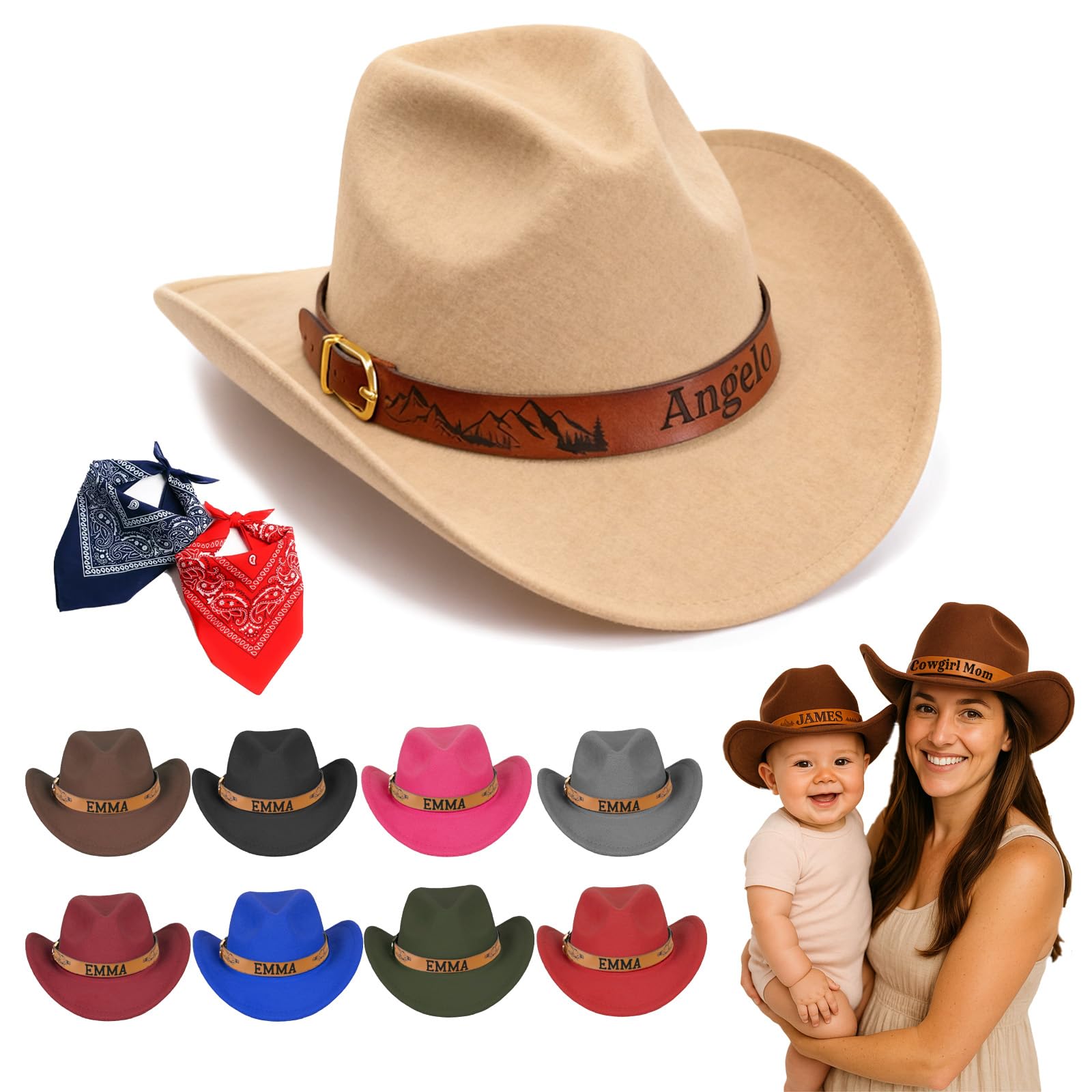 Personalized Toddler Cowboy Hat for Boy Girl, Western Cowgirl Hat 3 Sizes for Baby Kids Adult, Custom Leather Hatband