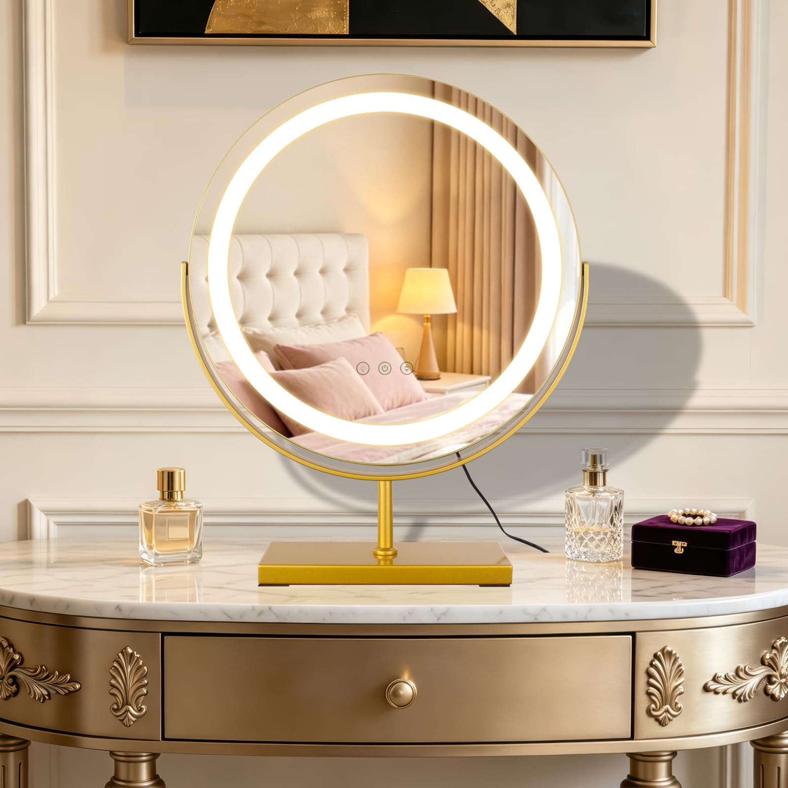 MantoLite Gold Round LED Makeup Mirrors,360° Rotation Vanity Mirror,15.74 Light up Mirror with Smart Touch 3 Color Modes and Brightness Adjustment