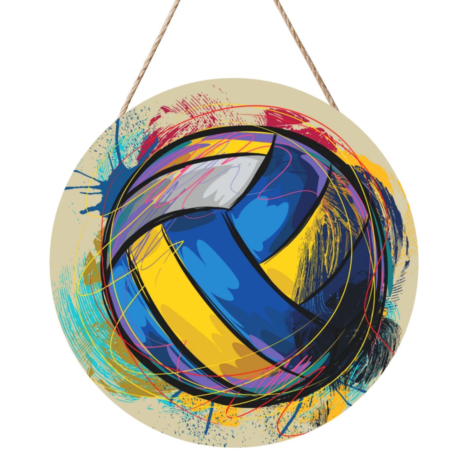 Volleyball, Round Wood Panel Painting 12 in, Wall Hanging Painting For Home