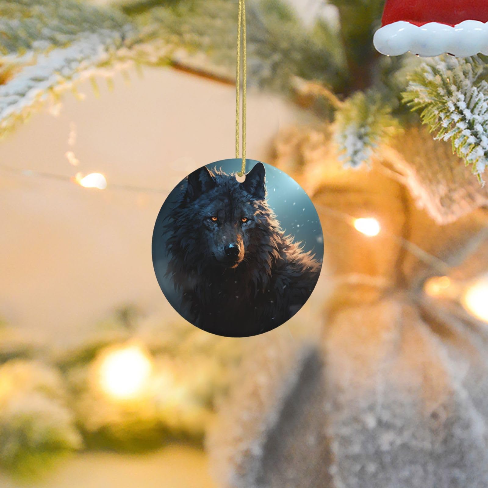 Christmas Tree Ornaments Ceramics Christmas Round Decorations Fantasy Wolf Ceramics Ornaments Circle Pentagram Xmas Tree Hanging Pendant for Christmas Tree Party Holiday Home Decor