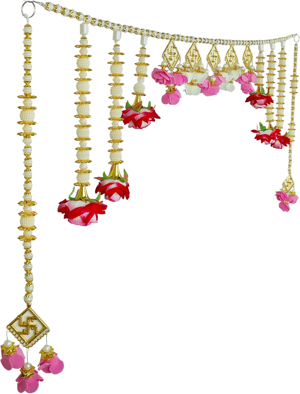 Artificial Toran Door Hanging Rose Flower Swastik Bead Bandanwar Wall with Side Wall for Entrance Window Home Temple Living Room traditional Ganpati Ganesha Festival Decor(Size:-24"X18")(Multicolour)