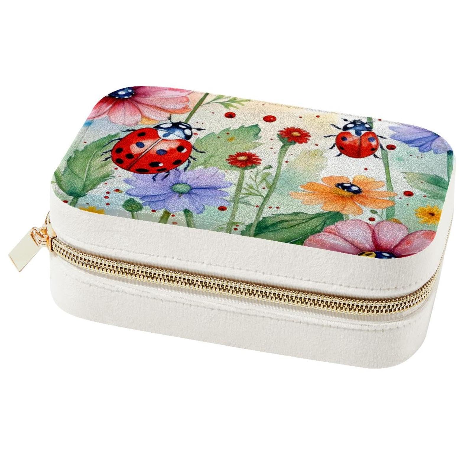 Boîte à bijoux de voyage fleurs et coccinelles pour bagues et colliers