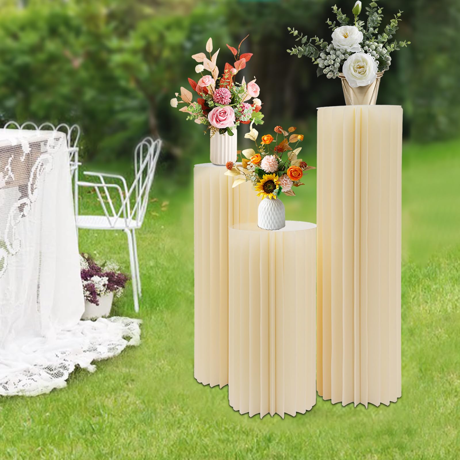 3 unidades de cartón plegable para boda, soporte de cilindro redondo, soporte de base, soporte de flores, decoración para bodas, fiestas, jardín, decoración de jardín (profundidad x altura): 30 x 60