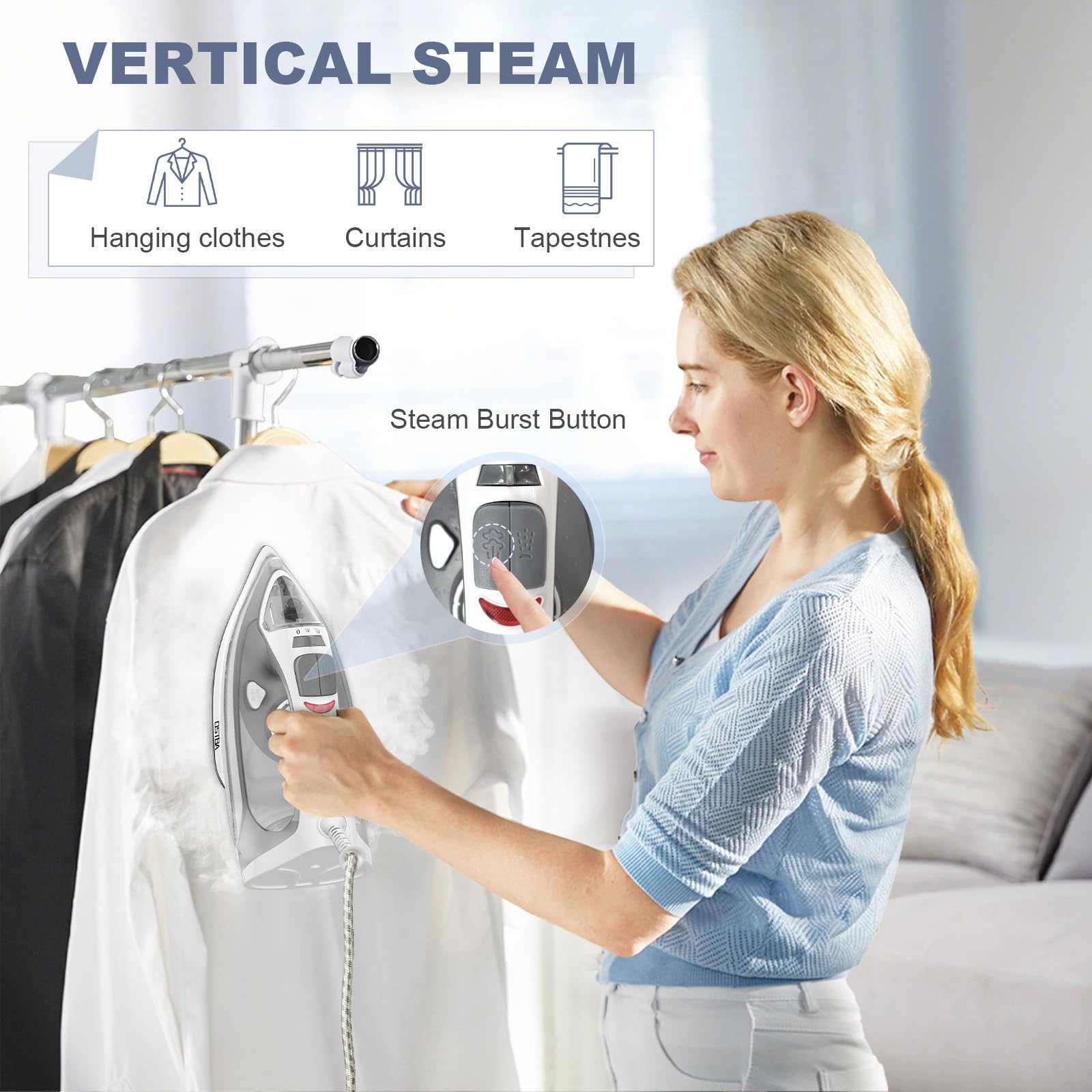 OSTBA - Plancha de vapor de 1600 W para ropa con suela antiadherente de calentamiento rápido, esfera de termostato precisa, autolimpiante, antical, función de parada de goteo, 300 ml para tanque de