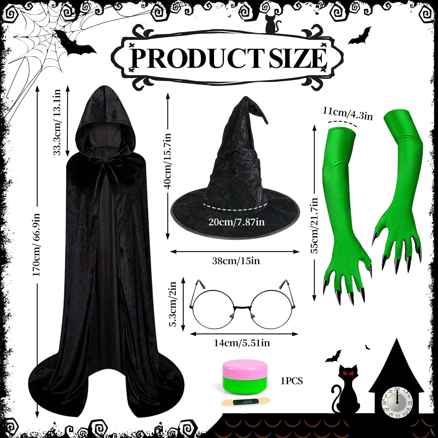 MOVINPE Green Witch Costume Set for Women – 5-Piece Hooded Cloak, Witch Hat, Green Face Paint, Long Gloves with Sharp Nails, & Glasses – Perfect for Halloween, Cosplay, and Themed Parties - Image 2