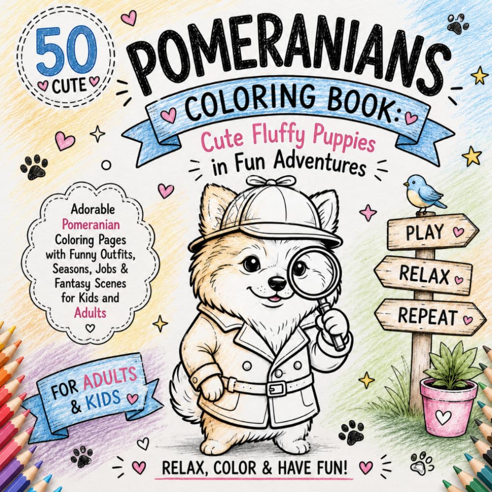 Pomeranians Coloring Book: Adorable Pomeranian Coloring Pages with Funny Outfits, Seasons, Jobs & Fantasy Scenes for Kids and Adults (Cozy Dog Adventures Coloring Book Series)
