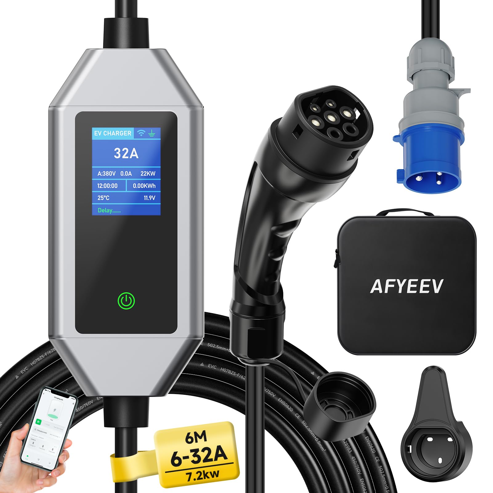 AFYEEV Ladekabel Typ 2 CEE Stecker 7.2kW [1-phasig 6m, 6-32A], Typ 2 Ladekabel Schuko Einstellbarer Strom mit App-Steuerung, Elektroauto für Zuhause und Unterwegs