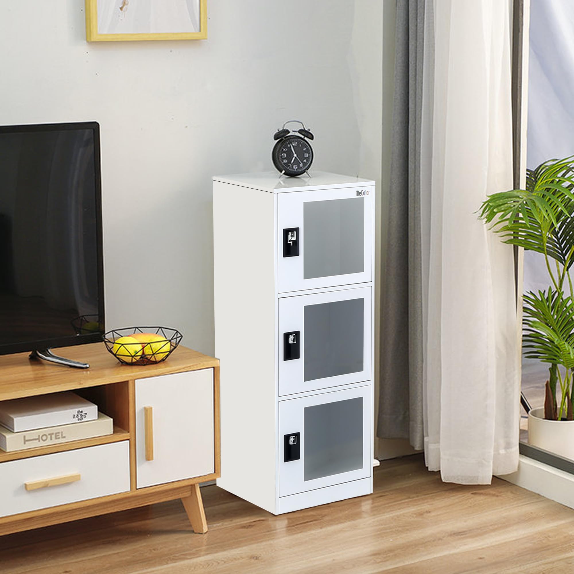 MECOLOR Taquilla Vertical Transparente con candado, taquilla de Gimnasio, taquillas de empleados, casillero de Metal para Oficina, casillero de Almacenamiento de 2 o 3 Niveles (G3V, Blanco Completo)