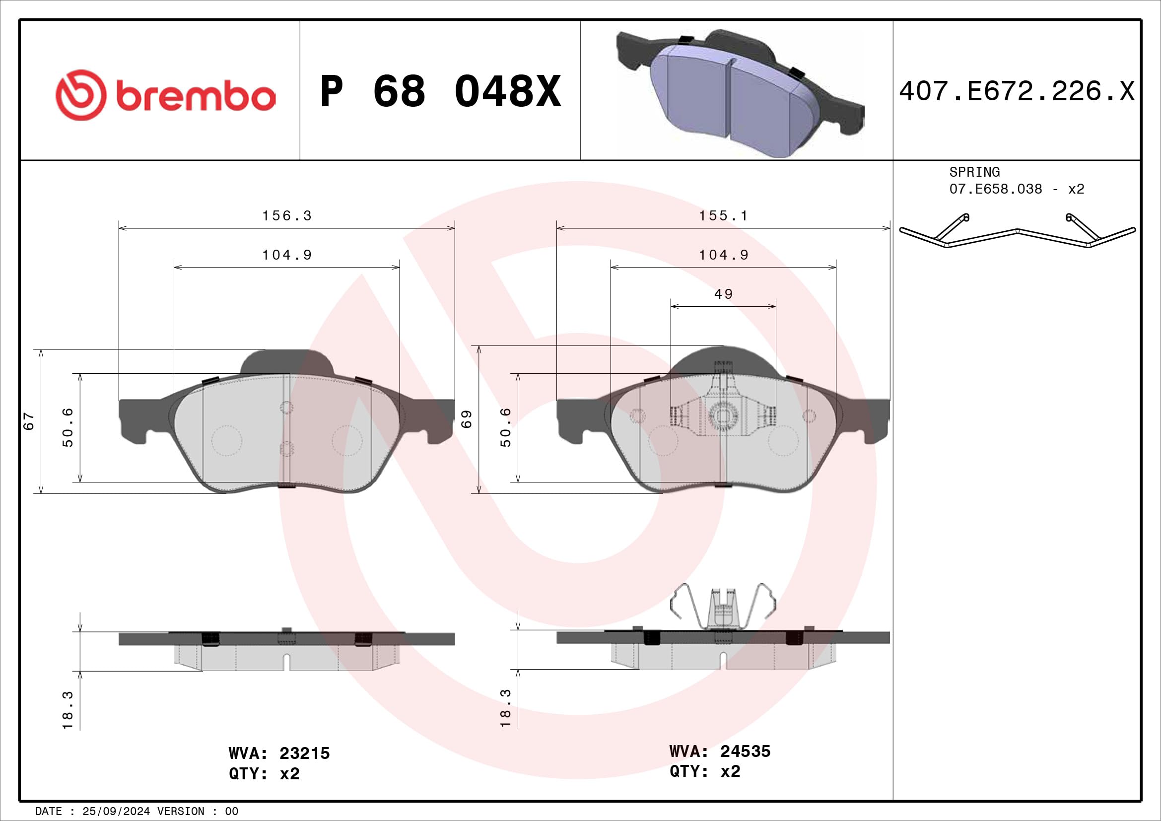 BREMBO Bremsbelagsatz, Scheibenbremse P68048X