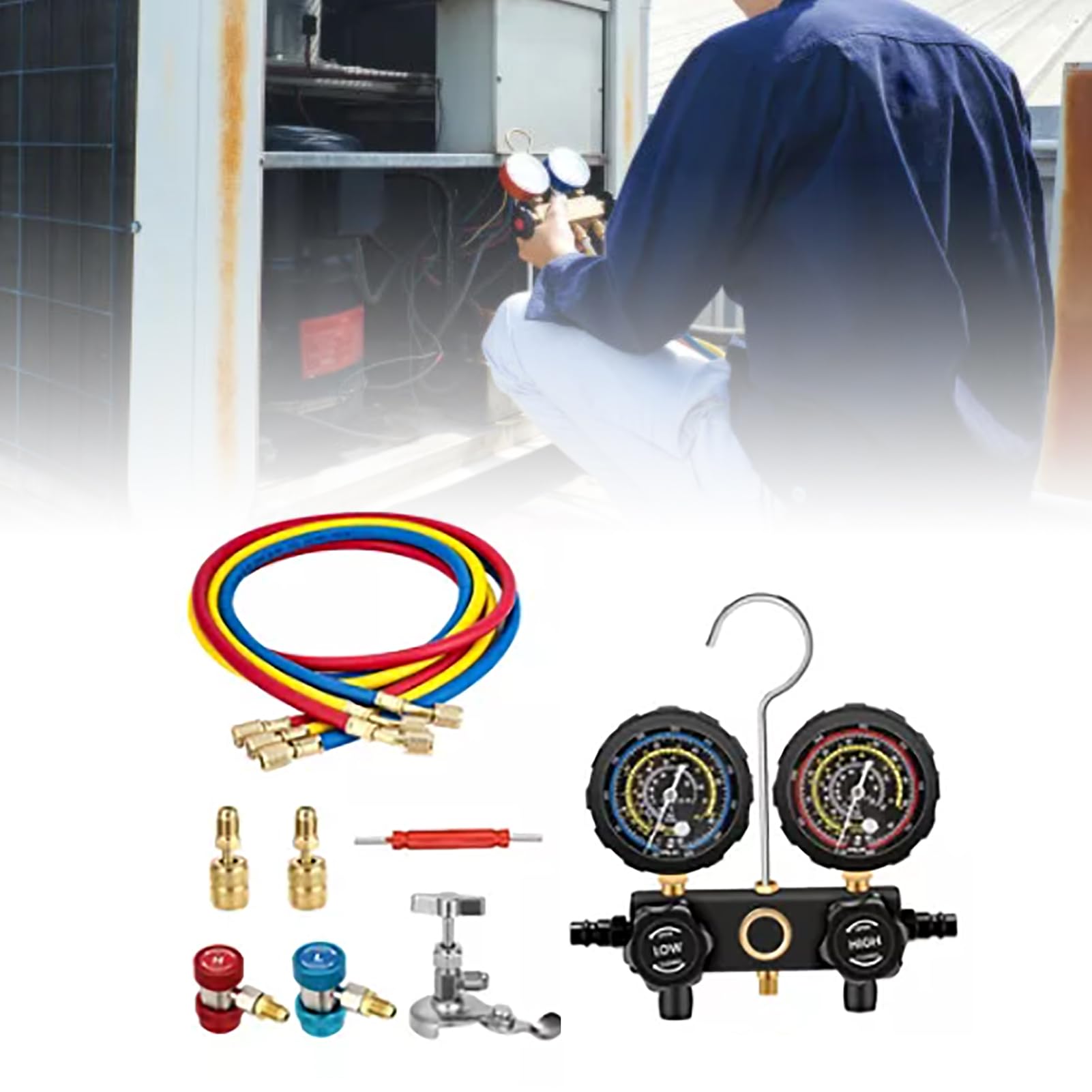 Qcwwy Juego de Manómetros de Colector de Refrigerante, R410A R22 R134a R404A Juego de Manómetros de CA Medidor de Presión de CA Herramientas de Reparación de Líneas de Aire
