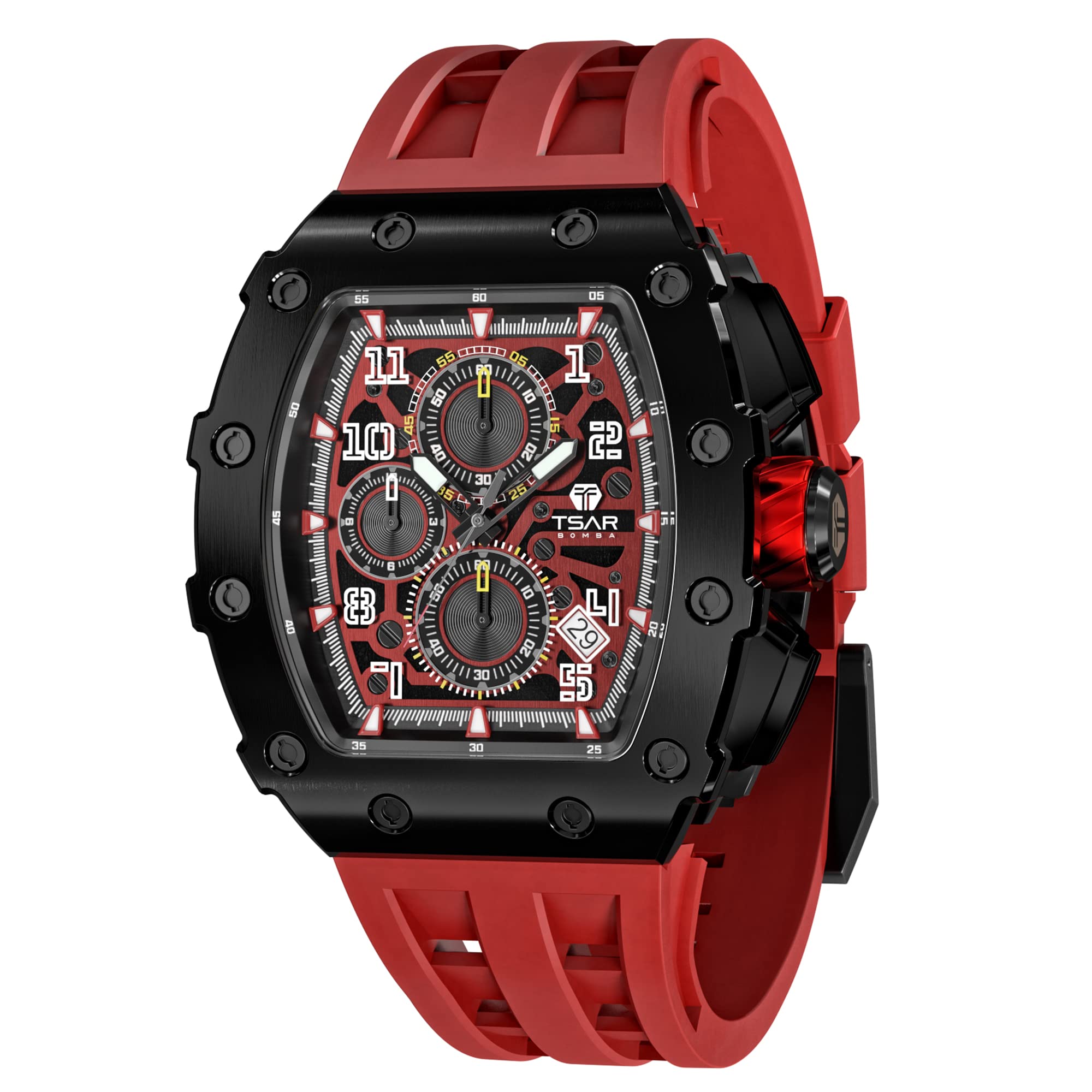 TSAR BOMBA Tonneau Mens Luxury Watch 50M Waterproof Luminous Date Chronograph Wrist Watch with Japanese Quartz Movement Sapphire Crystal Silicone Strap Sport Watches Gift for Men
