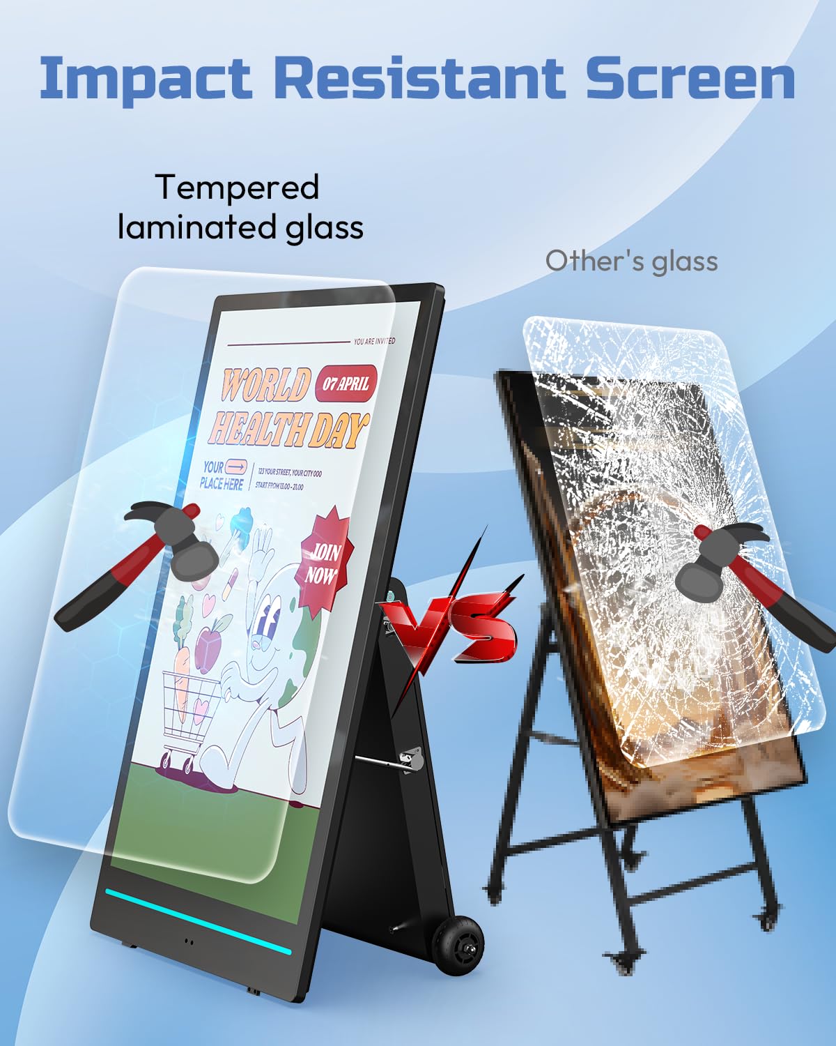 55'' Pantalla Publicidad Exterior Alta Luminosidad 2000Nits, Digital Signage Display Móvil con Baterías Recargables y Ruedas, IP65 Resistente, para Restaurante, Food Trucks, Puestos Callejeros