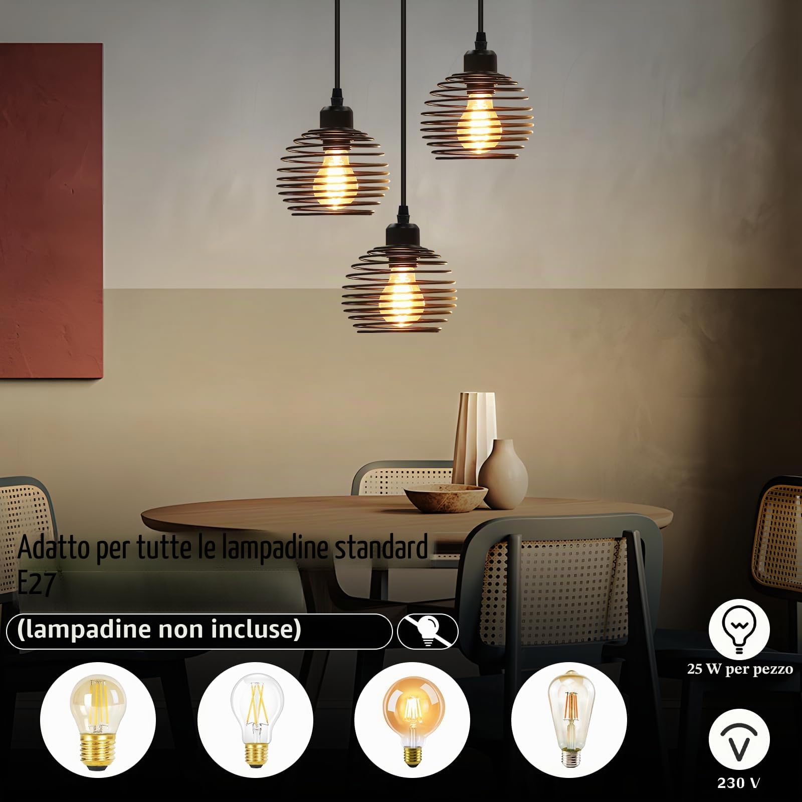 ZMH lampada a sospensione vintage lampadari industriale - Lampadario nero con paralume in metallo lampada da tavolo da pranzo con 3 lampadina E27 illuminazione per salotto