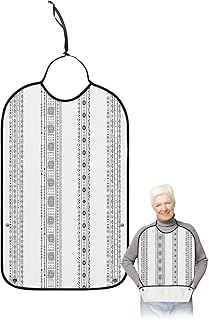 Kewadony Adult Bibs for Elderly Women - Black White Geometric Waterproof Dining Clothing Protectors with Crumb Catcher for Eating/Feeding, Boho Line Vintage Ethnic Pattern Terry Cloth Bib Washable