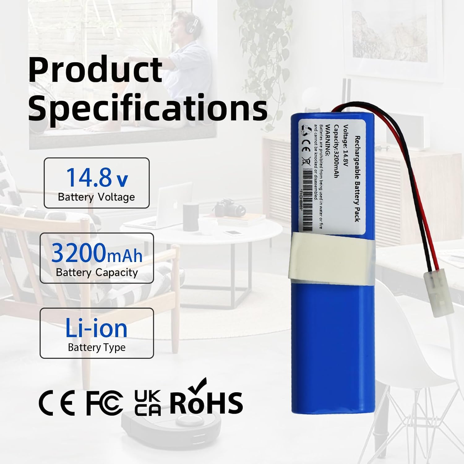 3200mAh Rechargeable Robot Aspirapolvere Batteria Compatibile con Qihoo 360 S6 360 S8 Rowenta X-Plorer Serie 75 X-Plorer Serie 75 S+ X-Plorer Serie 95 RR8567 RR8585 RR8587 Robot Vacuum Cleaner
