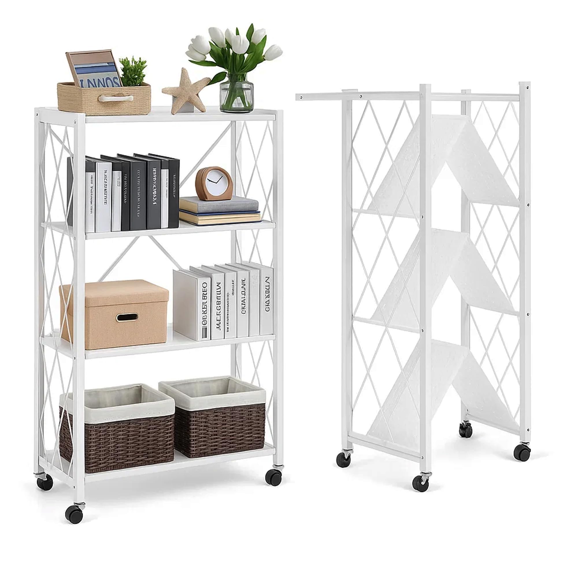 Sulfar Foldable Storage Organizer 4 Tier | Storage Shelves Kitchen Cabinet Storage Rack | Shelf Storage Multipurpose Rack for Living Room Bedroom Kitchen Garage (White, 1 Pack)