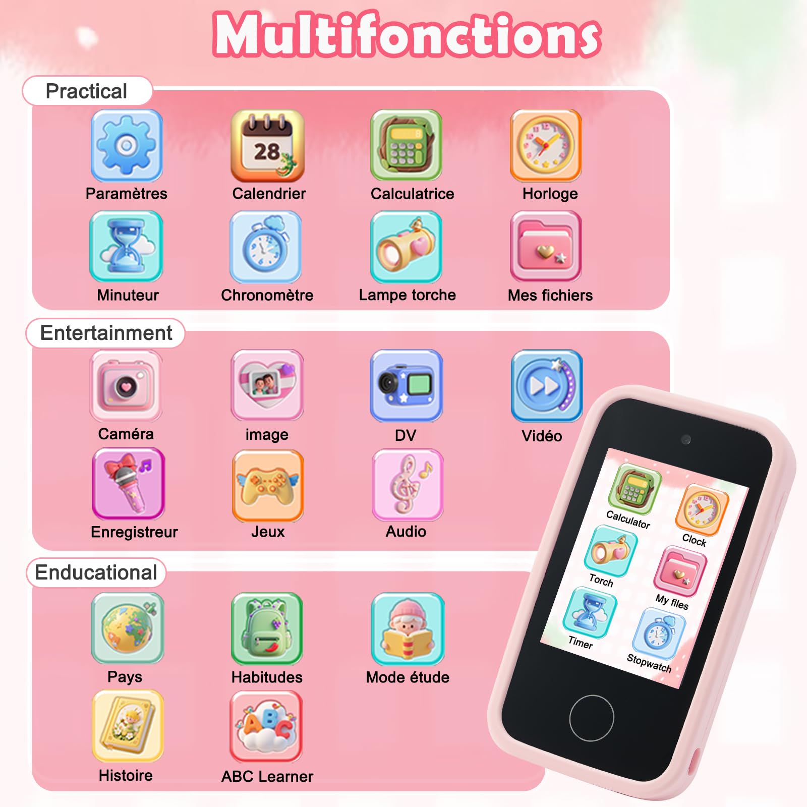 Téléphone Portable pour Enfants, Smartphone Enfant Jouets Enfant de 3, 4, 5, 6, 7 et 8 Ans avec Double Caméra d'enfants 2,8 Pouces Jouet éducatif Cadeau pour Filles de 3 à 8 Ans