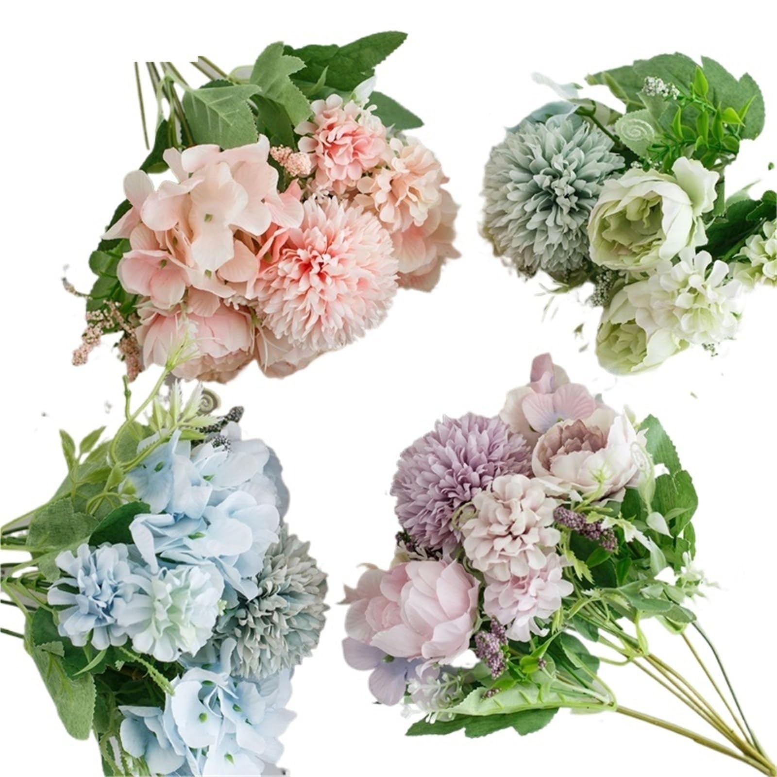 Bouquet Da Sposa Artificiali Seta artificiale rosa peonia fiore bouquet da sposa rosa ortensia pompon bocciolo punta di vaniglia(Peony-blue)