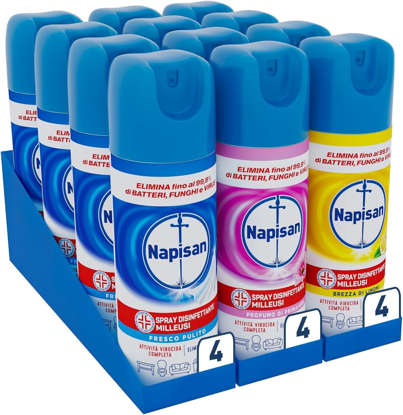Napisan Spray Disinfettante Milleusi, Disinfettante Spray per Tessuti e Superfici, Mix di Fragranze Fresco Pulito, Profumo di Primavera e Brezza di Limone, Confezione da 12 Spray da 400ml