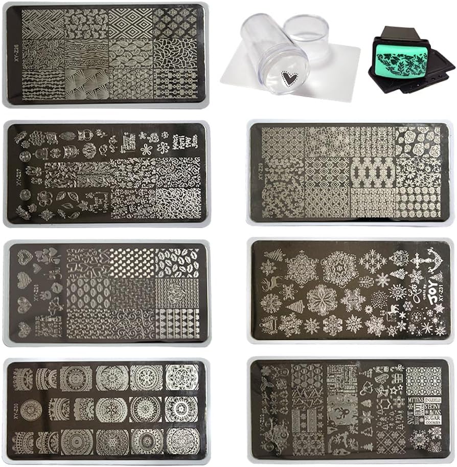 Beauty Leader Nail Art Stamping Template Mix Design 7Pcs Image Plates with White Plastic Plate Holder+1 Pcs Square Rubber Stamper DIY Nail Art Image Stamp Plate(26-32)