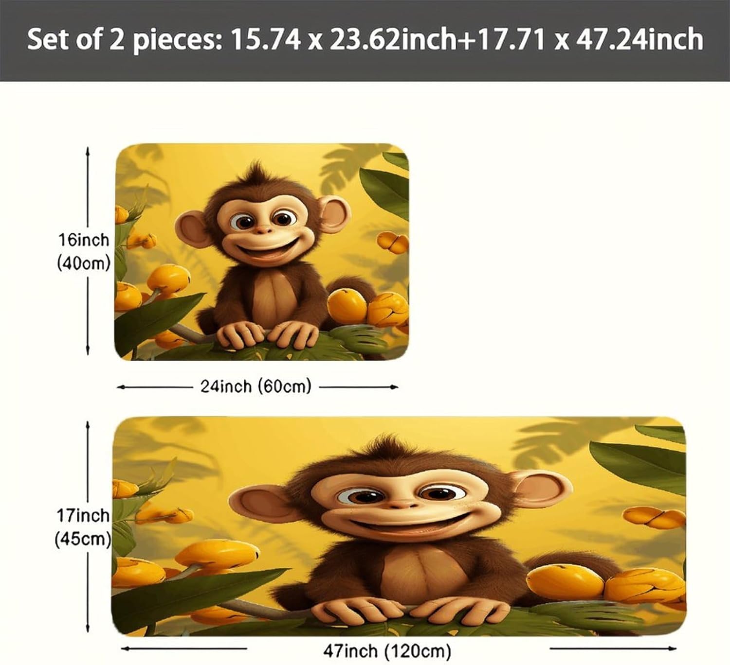Cute Funny Animal Monkey Banana Kitchen Mat Washable Non Slip Rugs Soft Kitchen Mats for Floor Set of 2 PCS Cushioned Absorbent Runner Standing Rugs for Home Sink Laundry Office
