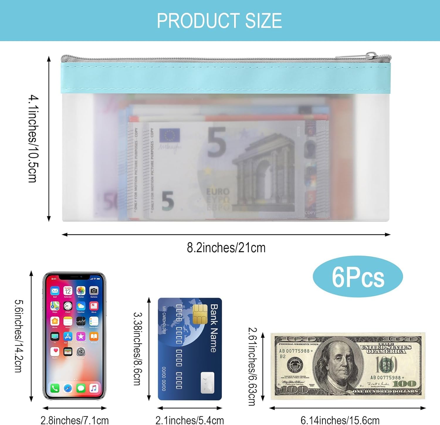 6 Piezas Bolsas de Dinero con Cremallera Bolsa de Dinero Sobres de Efectivo Bolsa de Banco Organizador de Dinero Transparente Organizador de Efectivo Multiusos para Cheques Recibos 19,3 x9,4 cm