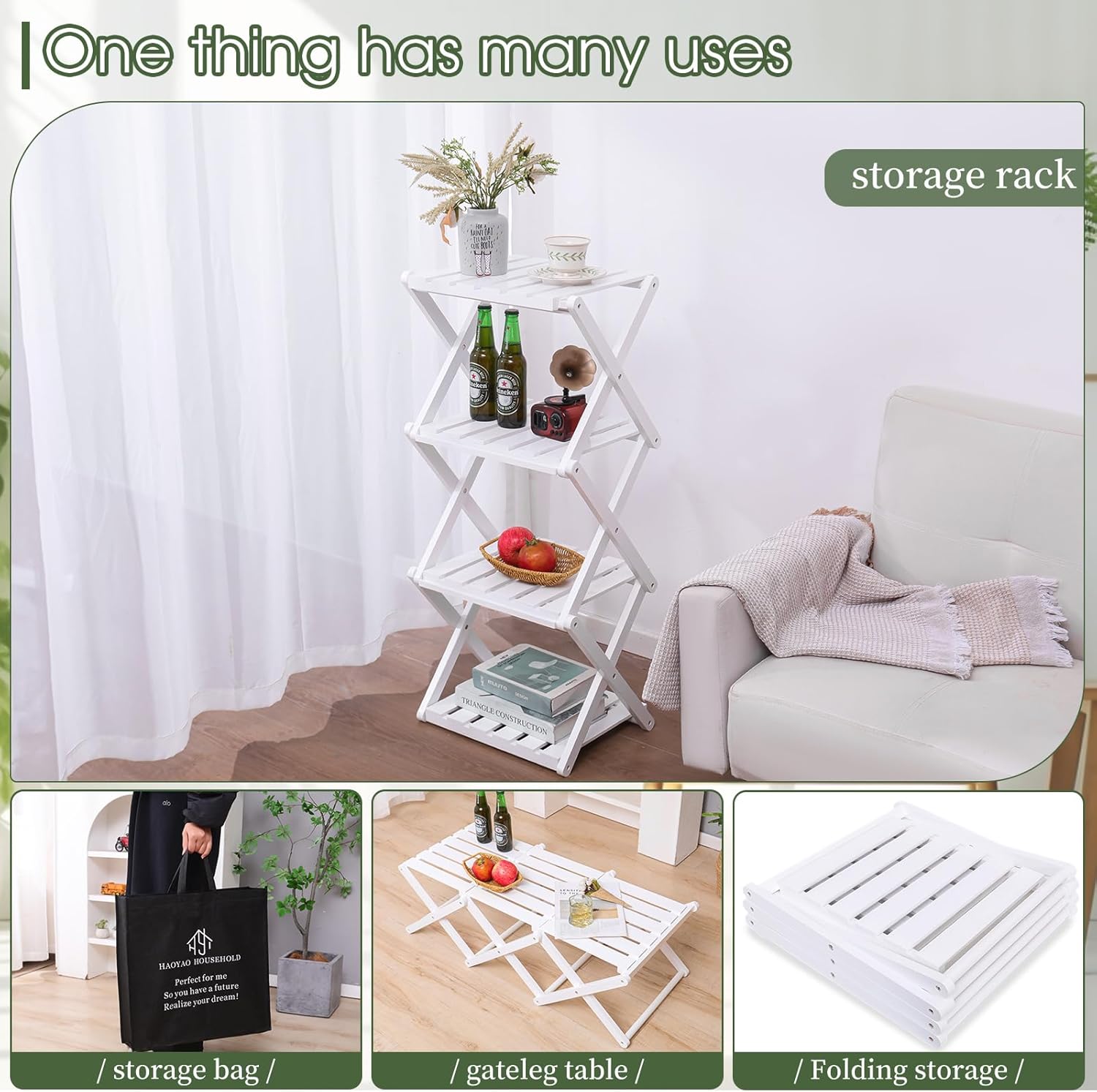 4 Tier Portable Folding Shoe Storage Rack Natural Bamboo Vertical Shoe Rack for Corridors, Bedrooms Living Room Corner and Small Spaces (White)