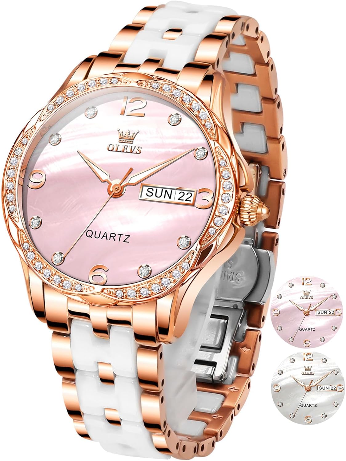 OLEVS Women's Watch Ceramic Band Waterproof Dress Watch Analog Quartz Watches Elegant Luxury Comfortable Wrist Watches with Date Day & Diamond White/Pink/Black Dial Gift for Her Reloj para Mujer