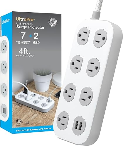 GE Regleta protectora SurGE de 7 salidas con USB, 2 USB-A, cable trenzado de 4 pies, extensor de salida multienchufe, enchufe plano, estación de